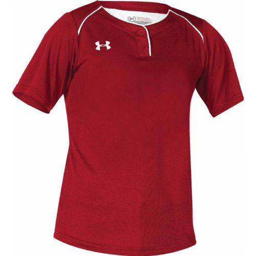 Under Armour Short Sleeve Softball Jersey, Girls 2-Button (Black,Forest,Navy,Red,White). Decorated in seven days or less.