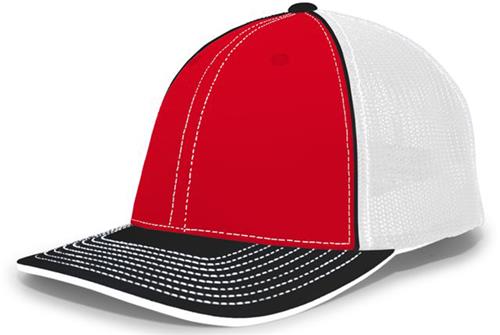 Pacific Headwear Adult (White/Kelly/Red) 404M Trucker PacFlex Baseball Caps. Embroidery is available on this item.