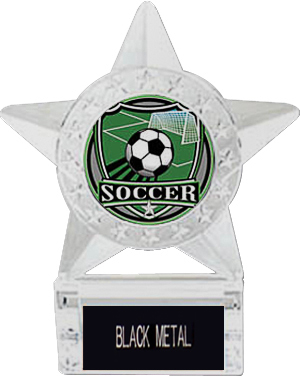 Hasty Awards 6" Soccer Star Ice Trophy W/Inserts. Engraving is available on this item.