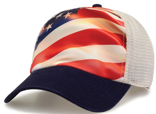 The Game OSFM (Americana Sublimated Flag) Trucker Cap . Embroidery is available on this item.