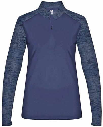 Badger Tonal Blend Womens 1/4 Zip Loose Long Sleeve Pullover (BK,Forest,Graphite,Pink,Navy,Red,Royal. Decorated in seven days or less.