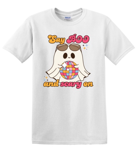 Epic Adult/Youth Say Boo Scary On Cute Disco Ghost Cotton Graphic T-Shirts. Free shipping.  Some exclusions apply.