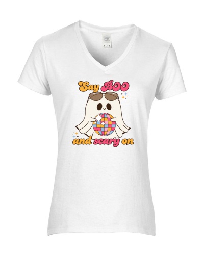 Epic Ladies Say Boo Scary On Cute Disco Ghost V-Neck Graphic T-Shirts. Free shipping.  Some exclusions apply.