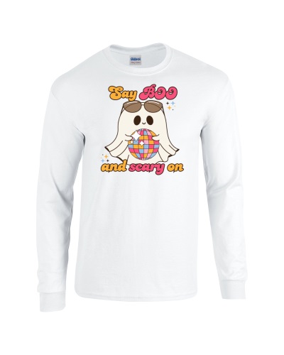 Epic Say Boo Scary On Cute Disco Ghost Long Sleeve Cotton Graphic T-Shirts. Free shipping.  Some exclusions apply.
