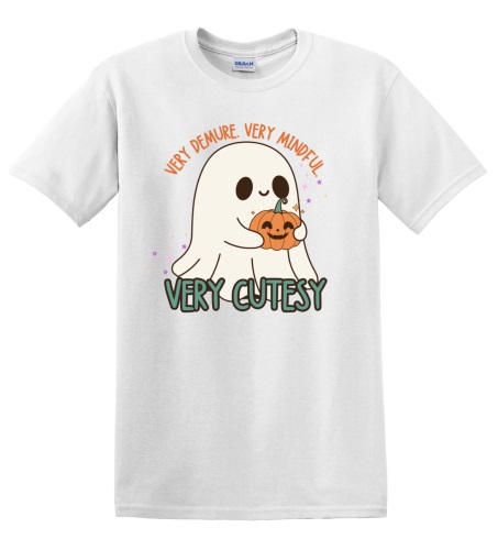 Epic Adult/Youth Very Demure Mindful Cutesy Fall Ghost Cotton Graphic T-Shirts. Free shipping.  Some exclusions apply.