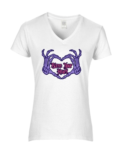 Epic Ladies Bless Your Heart Goth Skeleton Hands V-Neck Graphic T-Shirts. Free shipping.  Some exclusions apply.