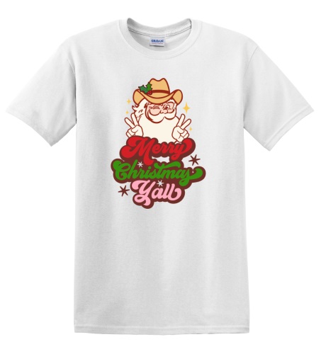 Epic Adult/Youth Merry Christmas Yall Cowboy Santa Cotton Graphic T-Shirts. Free shipping.  Some exclusions apply.