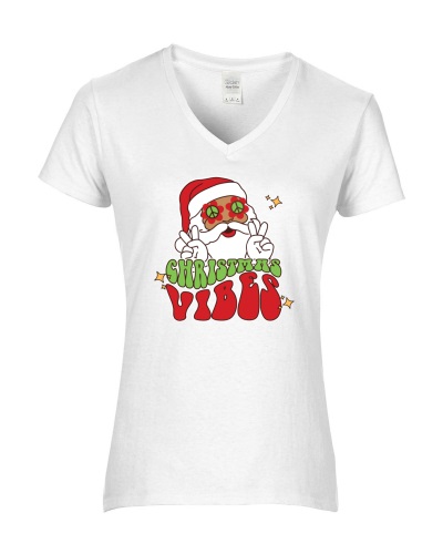 Epic Ladies Christmas Vibes Hippie Santa Peace V-Neck Graphic T-Shirts. Free shipping.  Some exclusions apply.