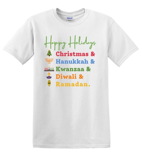 Epic Adult/Youth Happy Holidays Christmas Hanukkah Diwali Cotton Graphic T-Shirts. Free shipping.  Some exclusions apply.