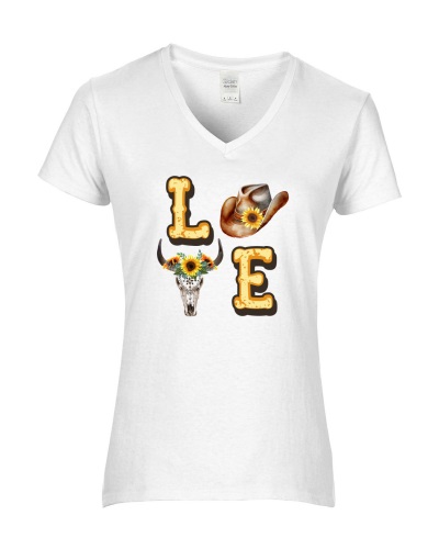 Epic Ladies Sunflower Western LOVE Country Cowboy V-Neck Graphic T-Shirts. Free shipping.  Some exclusions apply.