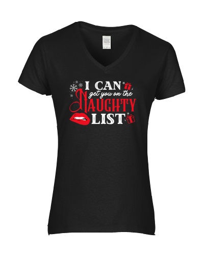 Epic Ladies I Can Get You On The Naughty List White V-Neck Graphic T-Shirts. Free shipping.  Some exclusions apply.