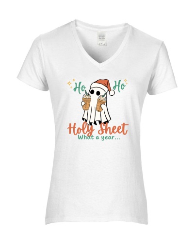 Epic Ladies Ho Ho Holy Sheet What A Year Coffee V-Neck Graphic T-Shirts. Free shipping.  Some exclusions apply.