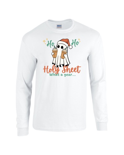 Epic Ho Ho Holy Sheet What A Year Coffee Long Sleeve Cotton Graphic T-Shirts. Free shipping.  Some exclusions apply.