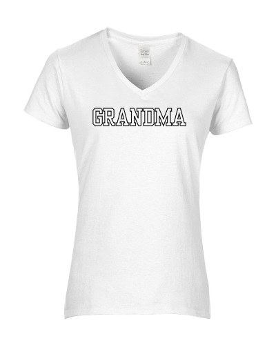 Epic Ladies GRANDMA varsity sports biggest fan blk V-Neck Graphic T-Shirts. Free shipping.  Some exclusions apply.