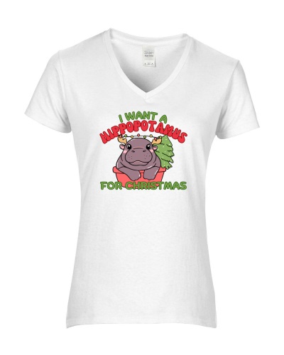 Epic Ladies I Want A Hippopotamus Moo Deng Christmas V-Neck Graphic T-Shirts. Free shipping.  Some exclusions apply.
