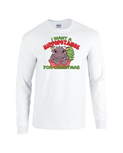 Epic I Want A Hippopotamus Moo Deng Christmas Long Sleeve Cotton Graphic T-Shirts. Free shipping.  Some exclusions apply.