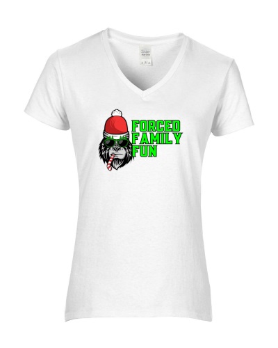 Epic Ladies Forced Family Fun Not Amused Christmas V-Neck Graphic T-Shirts. Free shipping.  Some exclusions apply.