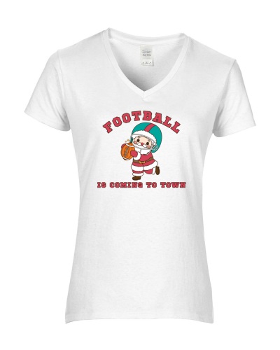 Epic Ladies Football Is Coming To Town Santa V-Neck Graphic T-Shirts. Free shipping.  Some exclusions apply.