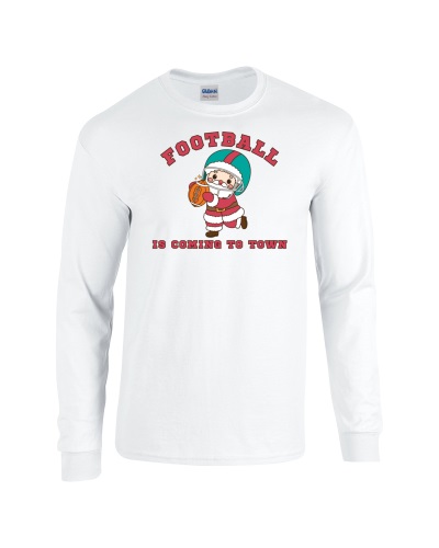 Epic Football Is Coming To Town Santa Long Sleeve Cotton Graphic T-Shirts. Free shipping.  Some exclusions apply.