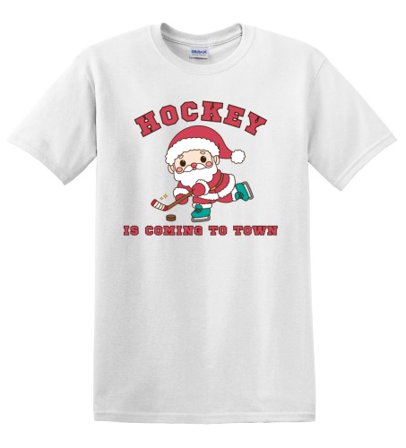 Epic Adult/Youth Hockey Is Coming To Town Santa Cotton Graphic T-Shirts. Free shipping.  Some exclusions apply.