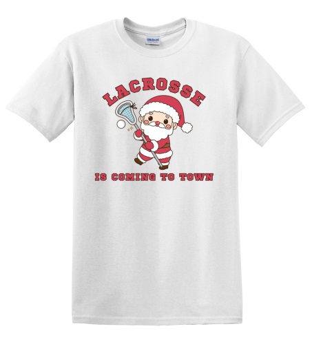 Epic Adult/Youth Lacrosse Is Coming To Town Santa Cotton Graphic T-Shirts. Free shipping.  Some exclusions apply.