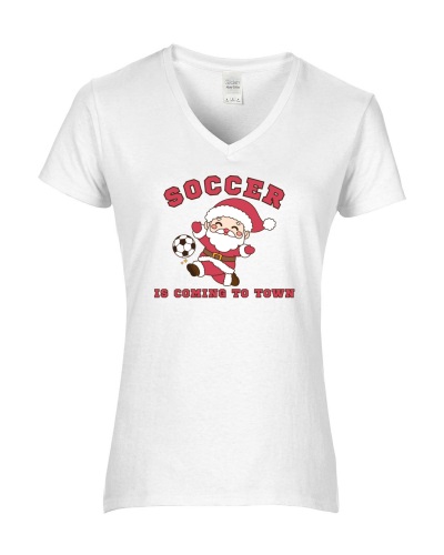 Epic Ladies Soccer Is Coming To Town Santa V-Neck Graphic T-Shirts. Free shipping.  Some exclusions apply.