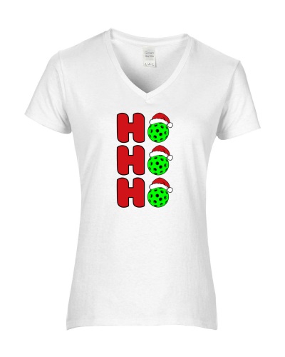 Epic Ladies Pickleball Ho Ho Ho Christmas Greetings V-Neck Graphic T-Shirts. Free shipping.  Some exclusions apply.