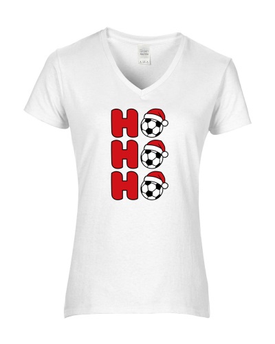 Epic Ladies Soccer Ho Ho Ho Christmas Greetings V-Neck Graphic T-Shirts. Free shipping.  Some exclusions apply.