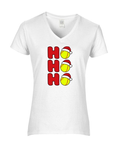 Epic Ladies Softball Ho Ho Ho Christmas Greetings V-Neck Graphic T-Shirts. Free shipping.  Some exclusions apply.