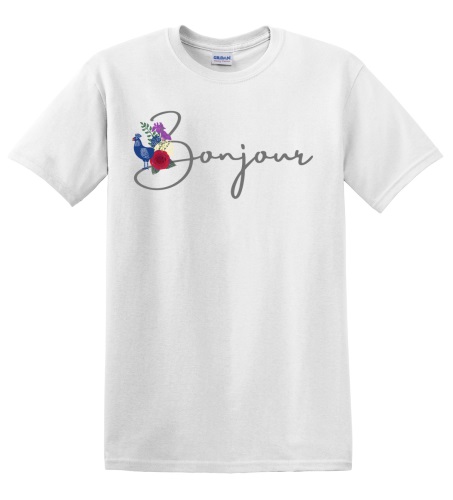 Epic Adult/Youth Bonjour French Greeting Flowers Bird Cotton Graphic T-Shirts. Free shipping.  Some exclusions apply.