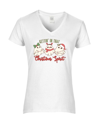Epic Ladies Getting in that Christmas Spirit Ghosts V-Neck Graphic T-Shirts. Free shipping.  Some exclusions apply.