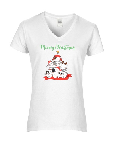 Epic Ladies Meowy Christmas Cat Tree Cute V-Neck Graphic T-Shirts. Free shipping.  Some exclusions apply.
