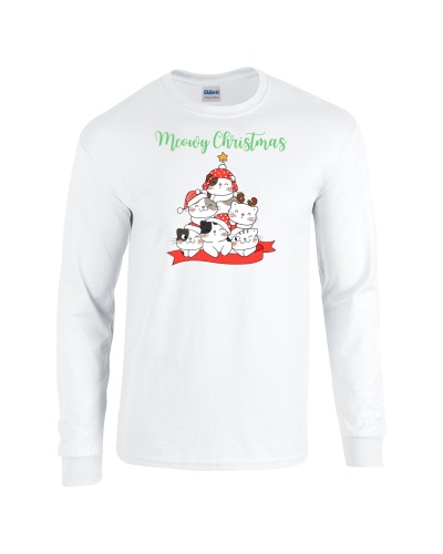 Epic Meowy Christmas Cat Tree Cute Long Sleeve Cotton Graphic T-Shirts. Free shipping.  Some exclusions apply.