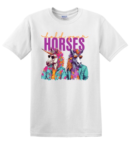 Epic Adult/Youth Hold Your Horses Unicorn Cotton Graphic T-Shirts. Free shipping.  Some exclusions apply.