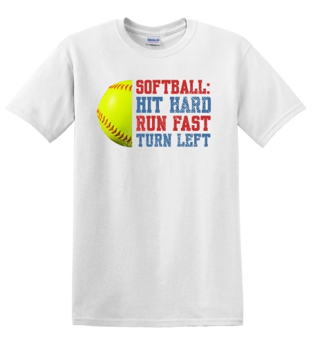 Epic Adult/Youth Softball Hit Hard Run Fast Turn Left Cotton Graphic T-Shirts. Free shipping.  Some exclusions apply.