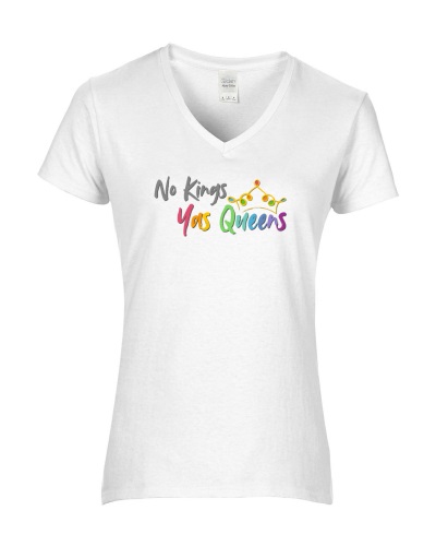 Epic Ladies Pride No Kings Yas Queens Rainbow LGBT V-Neck Graphic T-Shirts. Free shipping.  Some exclusions apply.