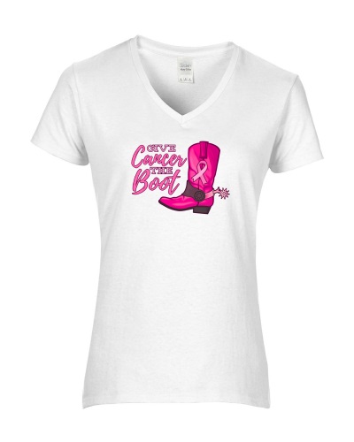 Epic Ladies Give Cancer the Boot BCA Cowboy Western V-Neck Graphic T-Shirts. Free shipping.  Some exclusions apply.