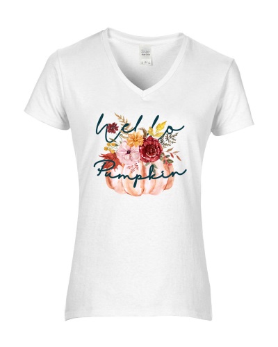 Epic Ladies Hello Pumpkin Autumn Fall Flowers Season V-Neck Graphic T-Shirts. Free shipping.  Some exclusions apply.