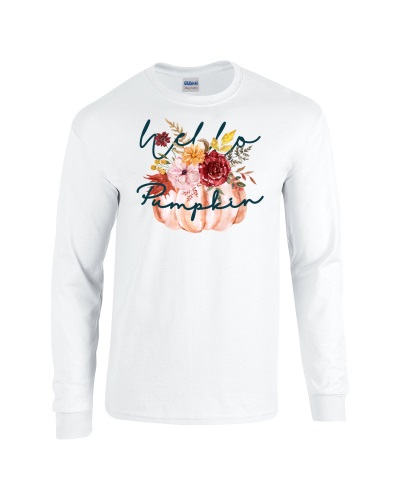 Epic Hello Pumpkin Autumn Fall Flowers Season Long Sleeve Cotton Graphic T-Shirts. Free shipping.  Some exclusions apply.