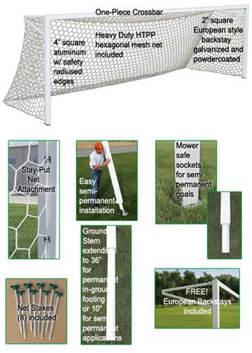 Golden Goal 44 Sr. Club-PM 4" Square Aluminum, 21'x7' Permanent Soccer Goals (PAIR)
