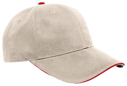 Pacific Headwear Adult (Khaki/Red) Brushed Twill Baseball Cap w/Sandwich Bill. Embroidery is available on this item.