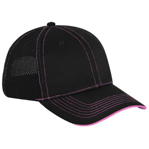 Pacific Headwear 355M Black/Pink Mesh Baseball Cap. Embroidery is available on this item.