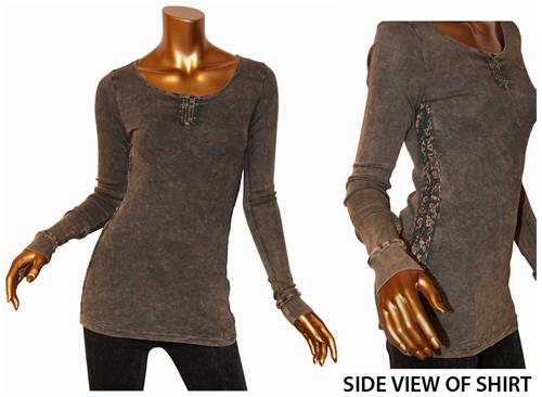 T Party Brown Crochet Lace Insert Long Sleeve Top