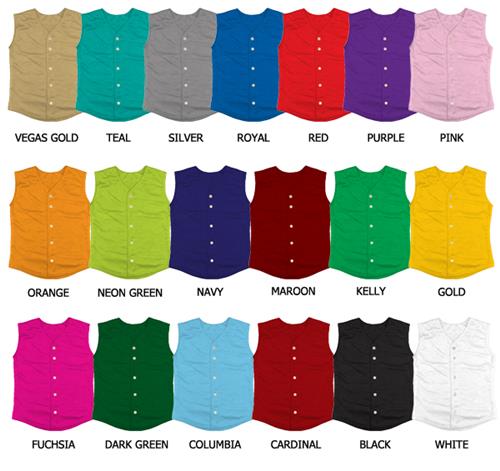 Softball Pro-Style Full Button Sleeveless Jerseys. Decorated in seven days or less.