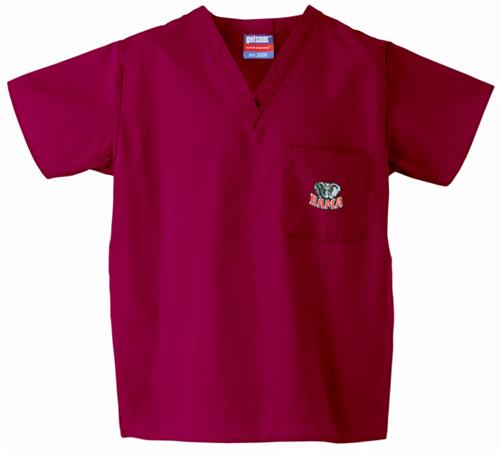 Univ of Alabama Elephant Crimson Scrub Tops. Embroidery is available on this item.