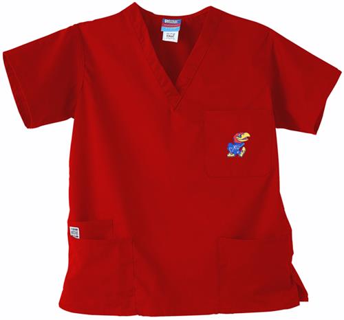 University of Kansas Red 3-Pocket Scrub Tops. Embroidery is available on this item.