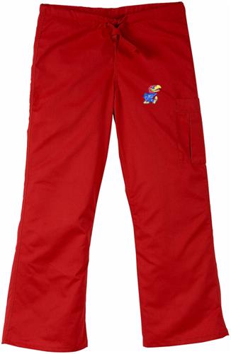 University of Kansas Red Cargo Scrub Pants. Embroidery is available on this item.