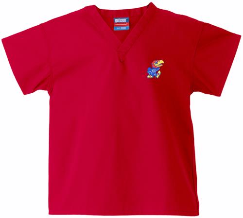 University of Kansas Kid's Red Scrub Tops. Embroidery is available on this item.