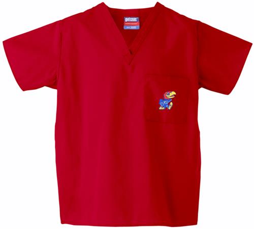 University of Kansas Red Classic Scrub Tops. Embroidery is available on this item.