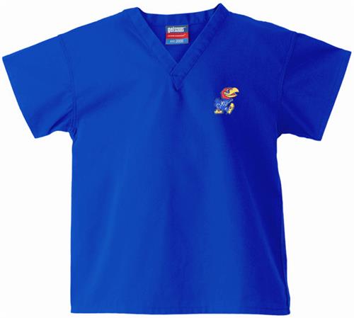 University of Kansas Kid's Royal Scrub Tops. Embroidery is available on this item.